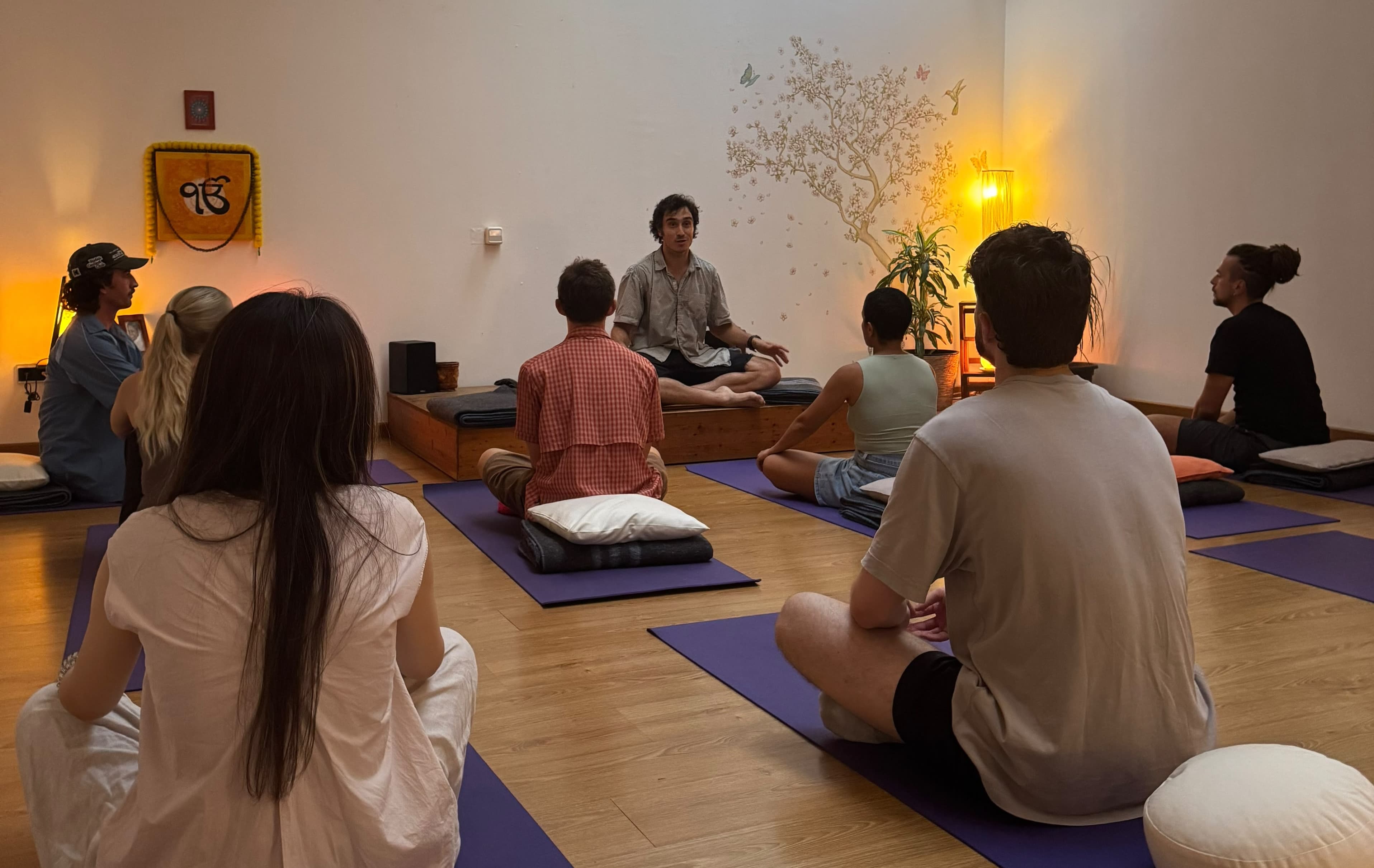 A guided meditation session indoors