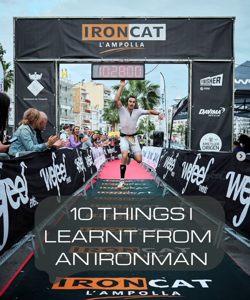 Fritz crossing the Ironcat finish line with text reading 10 things I learnt from an Ironman